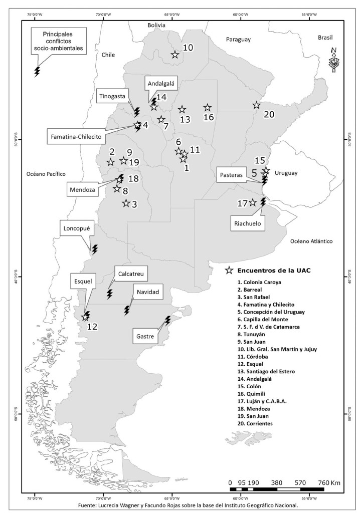 Mapa de conflictos en Argentina y encuentros UAC. (Para ampliar, pinchar en la imagen).